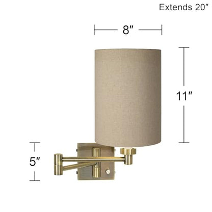 Tan Shade Antique Brass Plug-In Swing Arm Modern Wall Light Fixture | Indoor Dimmable Cotton Blend Cylinder for Bedroom Bedside House Reading Living Room Home Hallway Dining