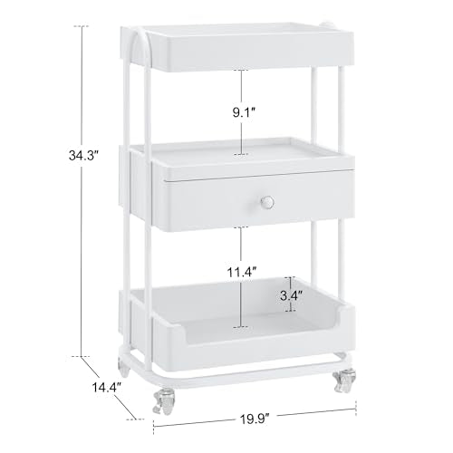 BarberPub 3-Tier Salon Trolley Cart with Drawer, Metal Frame White 2086 - color: White