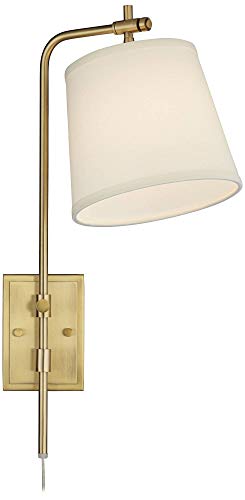 Seline Warm Gold Adjustable Plug-In Wall Lamp with Dimmer Light Fixture | Modern Mounted Dimmable Metal Off White Tapered Drum Shade for Bedroom Bedside House Reading Living Room Home Hallway Dining