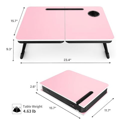 BUYIFY 23.4" Foldable Lap Desk Bed Table with Cup Holder Portable Tray | Folds Flat for Easy Storage, No Assembly Laptop Bed Desk, Sturdy and Lightweight, Patent Design,Pink - color: Pink