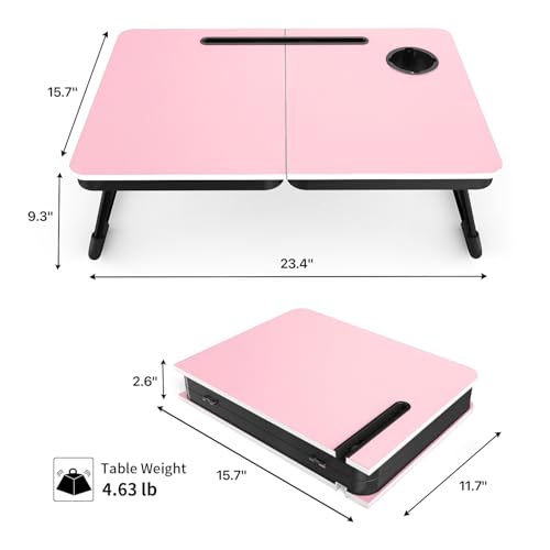 BUYIFY 23.4" Foldable Lap Desk Bed Table with Cup Holder Portable Tray | Folds Flat for Easy Storage, No Assembly Laptop Bed Desk, Sturdy and Lightweight, Patent Design,Pink - color: Pink