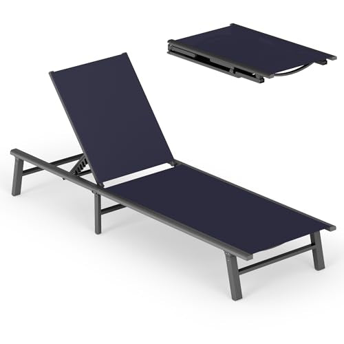 Foldable Outdoor Lounge Chair, No Assembly Patio Chaise Lounge Outdoor with 5-Positions, Aluminum Pool Lounge Chair with Portable Design for Pool, Beach, Deck, Backyard, Navy Blue - color: Navy Blue-upgraded, size: 1 Pack