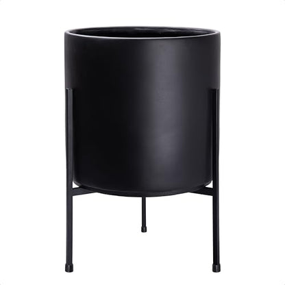 D'vine Dev Cylinder Planter Pot with Metal Stand, Black, 12 in, 96-T-B-3 | Durable Fiberclay Construction, Sleek Modern Design, Heavy-Duty Iron Stand, Drainage Hole & Saucer, Elegant Indoor Display - color: Black, size: Large 12 Inch