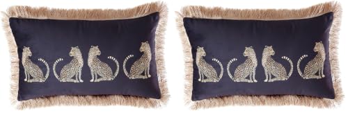 Lumbar Decorative Throw Pillow Cover with Tassels Leopard Pattern Cushion Cover Luxury Style Soft Velvet Pillowcase for Sofa Couch Bedroom (12"x20",Black) (Pack of 2) - color: Black, size: 20" x 12" (Pack of 2)
