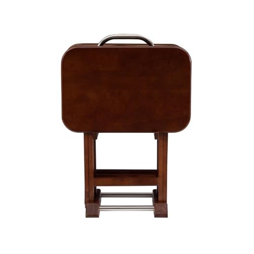 Pemberly Row Transitional Solid Wood Folding Tray Tables, Dark Cherry Finish, 5-Piece Set with Chrome Handle Stand, 15.72" w x 23.58" d x 26.38" h, Birch Veneer MDF Tops, Indoor Snack and Laptop Use