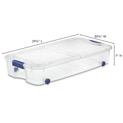 Large Storage Bin 66 Quart, Clear Underbed Storage Container with Latching Lid and 4 Wheels, Blue Plastic Organizer for Bedroom, Closet, or Home