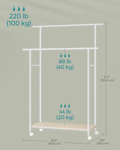 SONGMICS Clothes Rack with Wheels, Double-Rod Clothing Rack for Hanging Clothes, 38.8 Inches Garment Rack with Shelf, Loads up to 220 lb, for Bedroom, Closet, Natural Beige and Cloud White UHSR152W01 | Clothing Rack for Hanging Clothes, 38.8 Inches, Loads