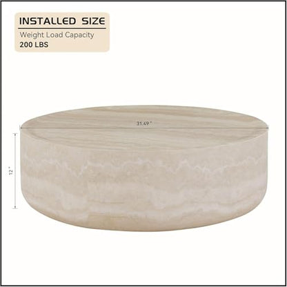 31.49" Round Coffee Table Faux Marble for Living Room, Travertine Stone Pattern Modern Drum Circle Round Center Table for Living Room, Apartment, Office, Fiberglass, No Assembly, Beige - size: 31.49x31.49x12