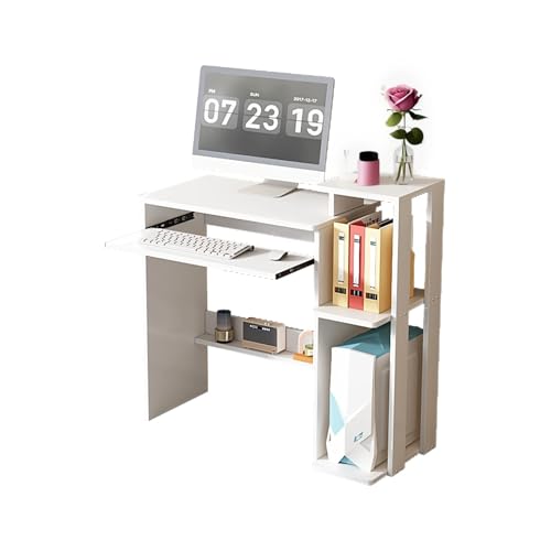35" Compact Computer Desk with 3-Tier Storage Shelves & Keyboard Tray – Small Study Table for Bedroom or Home Office (White) - color: White