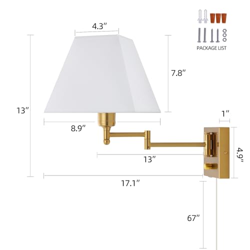 Wall Mounted Lamp Plug in Wall Sconce with Dimmable Switch Swing Arm Wall Lamp Whire Fabric Shade with USB Port Gold Wall Sconce Suitable for Hallway Bedroom Living Room… - color: Gold