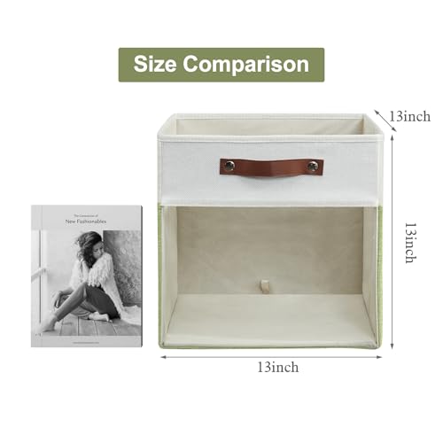 Storage Cubes, 4 Pack Linen Foldable Storage Bins (13 x 13 inch) with Clear Window and Handles, Fabric Organizer for Shelf Closet, Clothes, Books - (Green and White) - color: Green / Off-White, size: 13 x 13 x 13