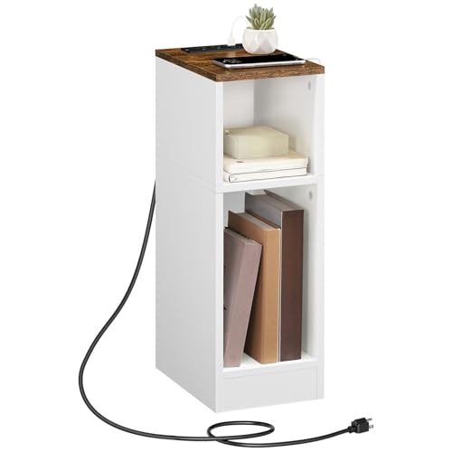 MAHANCRIS Narrow Nightstand, Narrow End Table with Charging Station, Skinny Bedside Table for Small Spaces, Mid Century Modern Night Stand for Bedroom, Living Roon, Rustic Brown and White ETBR30E01 - color: Rustic Brown and White