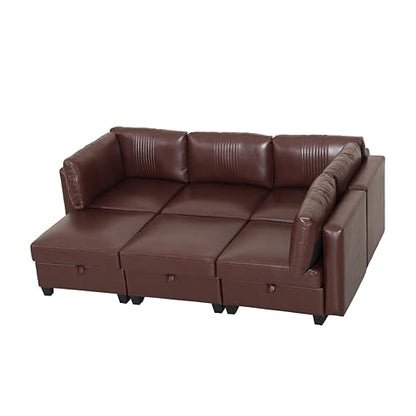 ERYE 99-Inch Oversized U Shaped Sectional Sofa 6 Seat Modular Storage Sofa Couch W/Deep Seat,Pet Friendly Faux Leather Upholstered Convertible Sleeper Sectional Couch with Ottomans - color: Dark Brown 99"