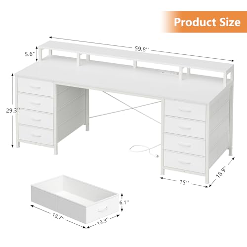 60" Computer Desk with 8 Drawers & Monitor Stand for Home Office, Bedroom | Gaming Desk with LED Lights & Power Outlets, Home Office Desk with 8 Fabric Drawers, White - color: White, size: 18.9"D x 59.8"W x 34.9"H