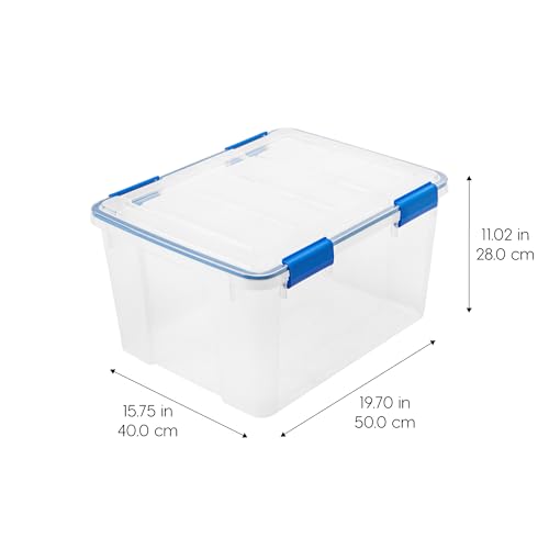IRIS USA 2-Pack 44 Qt Storage Bins with Gasket Lids, Clear/Blue | WeatherPro seal helps protect bulky items for moving, garage, attic and basement storage - size: 44 Qt. - 2 Pack