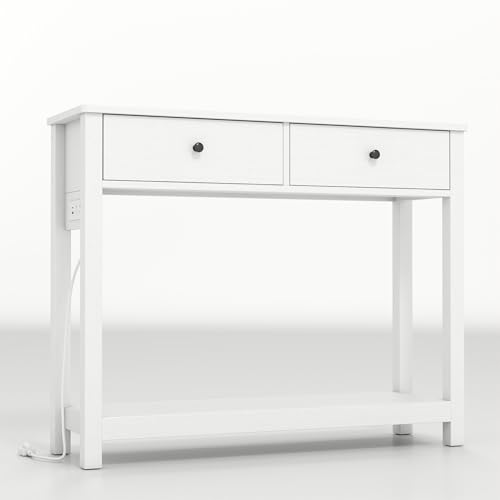 Gizoon Console Table with Outlets, White | Modern Sofa Table with 2 Drawers, Open Shelf for Living Room, Front Hall, Entrance Hall, Study Room - color: White, size: 39"W with Outlets