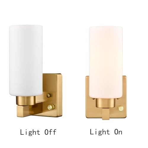 DEYNITE Modern Plug in & Hardwired Wall Sconce Brass Bathroom Vanity Light | Set of 2 Wall Mounted Light with milky white glass shade rotary on/off dimmable switch for bathroom bedroom