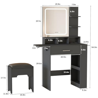 Fameill Vanity Desk with Mirror and Lights, Small Makeup Vanity | with Drawer & Storage Shelves, Black Dresser Table with Charging Station & Time Display, Vanity Set with Chair, for Bedroom