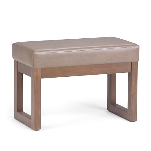 SIMPLIHOME Milltown 27" Wide Vegan Leather Rectangle Ottoman in Ash Blonde | Contemporary ottoman with a cushioned seat for extra seating in the bedroom or living room; footstool, footrest or pouf. - color: Ash Blonde, style: Small Ottoman Bench