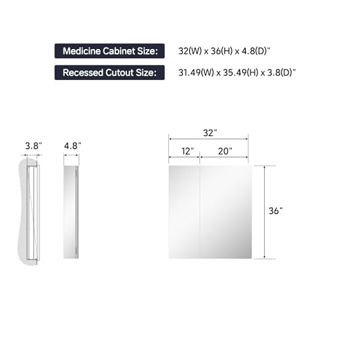 32"x36" Medicine Cabinet with Mirror & Soft Close Hinges, Surface Mount or Recessed Medicine Cabinet with Adjustable Shelves, Bathroom Wall Medicine Cabinet with Storage, Aluminum Alloy Frame, Combo - size: 32" x 36"
