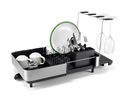 Joseph Joseph Extend Steel Plus Extendable Dish Rack Steel, Small to Large Dish Drainer with Wine Glass Holder & Drain Spout, Black - color: Black, style: Plus