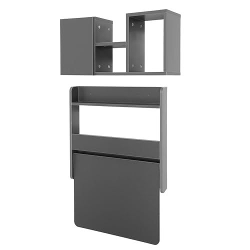 Wall Mounted Folding Desk, Solid Wood Floating Laptop Desk with Wall Mounted Bookshelf for Living Room Coffee Shop Apartments, 88lbs Table Load-Bearing (Grey) - color: Grey