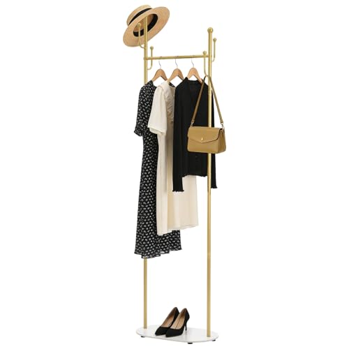 Gold Freestanding Coat Rack with Marble Base, Modern Metal Clothes Stand with Side Hooks, Slim Garment Organizer for Entryway, Bedroom, Hallway Corner Storage