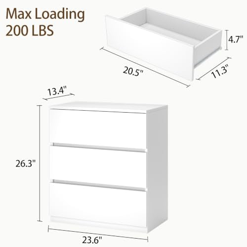 furtble 3 Drawer Dresser, Small Dresser for Closet, Wooden White Nightstand for Bedroom, Chest of Drawers Side Table Storage Cabinet for Home Office Entryway Hallway - color: White, size: 13.4"D x 23.6"W x 26.3"H (3 Drawers)