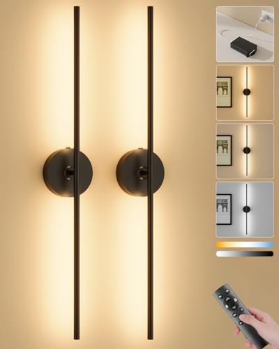 Battery Operated Wall Sconces Set of 2, 8000mAh Wireless Rechargeable 3000-6000K Dimmable 350° Rotate Wall Light with Remote for Living Room, Bedroom 31.6in Black - color: Black, size: 31.6in-Round Base