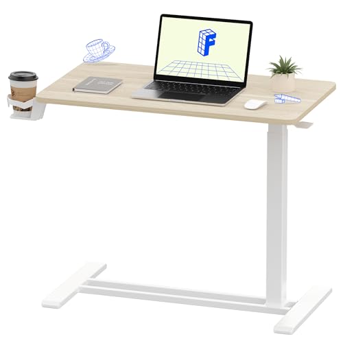 FLEXISPOT H7 32" Pneumatic Height-Adjustable Overbed Table with Wheels | C-shaped bedside table TV Tray,Medical End Side Table,Laptop desk for sofa and home office use,31.5"W x 17.7"D,White Wood - color: White Wood Grain, size: Large