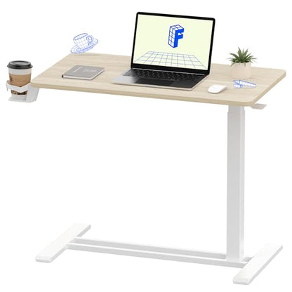 FLEXISPOT H7 32" Pneumatic Height-Adjustable Overbed Table with Wheels | C-shaped bedside table TV Tray,Medical End Side Table,Laptop desk for sofa and home office use,31.5"W x 17.7"D,White Wood - color: White Wood Grain, size: Large
