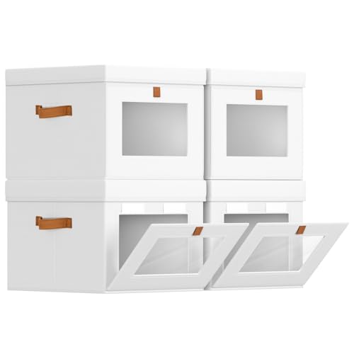 Storage Bins with Lid – Closet Organizer with Side Opening and Clear Window, Foldable Stackable Fabric Basket for Clothes, Home, Office - 13.77" x 11.8" x 9.8", 4 Pack, White - color: White, size: 13.7 Inch-4 Pack