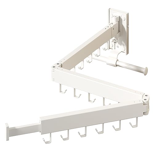 HEILAIYI Wall Mounted Clothes Hanger,Clothes Drying Rack,Laundry Drying Rack,Clothes Rack Wall Mount,Drying Rack Clothing,Retractable,Collapsible,can Fold Upward & Left & Right (Upgrade-White) - size: Upgrade-White / J Shape Hooks