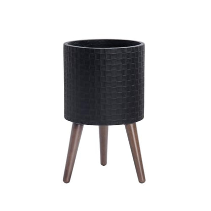 D'vine Dev Planter Pot with Wood Stand, 10 in, Matte Black, 88-Z-B-2 | Mid-Century Modern Style, Elevated Plant Display, Drainage Hole and Plug, Functional & Stylish, Modern Indoor Planter - color: Matte Black, size: Medium