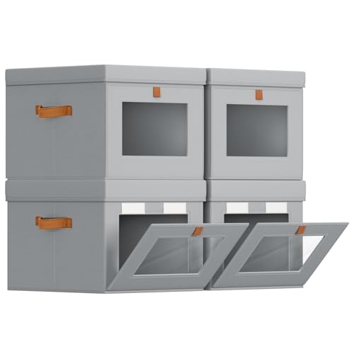 Storage Bins with Lid – Closet Organizer with Side Opening and Clear Window, Foldable Stackable Fabric Basket for Clothes, Home, Office - 13.77" x 11.8" x 9.8", 4 Pack, Grey - color: Grey, size: 13.7 Inch-4 Pack