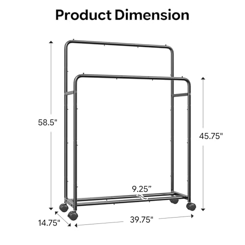 Simple Trending Clothing Clothes Rack, Double Rod Garment Rack, Black | Portable Closet with Bottom Shelf, Anti-Slip Stoppers, 360° Lockable Wheels, Multiple Uses, Bedroom, Laundry Room - color: Black