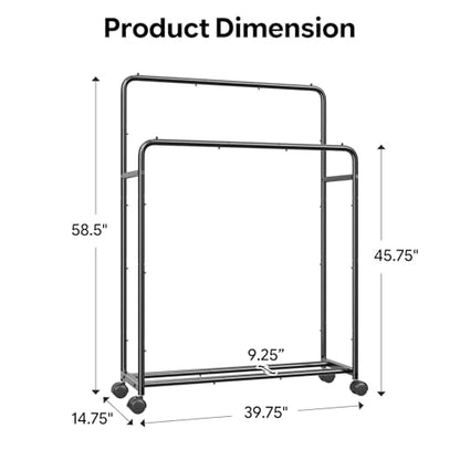 Simple Trending Clothing Clothes Rack, Double Rod Garment Rack, Black | Portable Closet with Bottom Shelf, Anti-Slip Stoppers, 360° Lockable Wheels, Multiple Uses, Bedroom, Laundry Room - color: Black