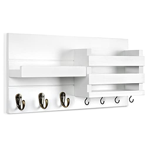 Lwenki Mail Organizer for Wall Mount – Key Holder with Shelf Includes Letter Holder and Hooks for Coats, Dog Leashes – Rustic Wood with Flush Mounting Hardware (16.5” x 8.7” x 3.5”) - color: White