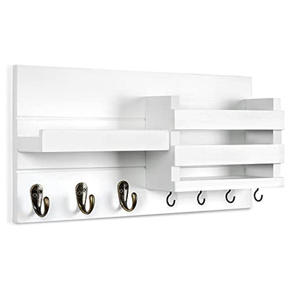 Lwenki Mail Organizer for Wall Mount – Key Holder with Shelf Includes Letter Holder and Hooks for Coats, Dog Leashes – Rustic Wood with Flush Mounting Hardware (16.5” x 8.7” x 3.5”) - color: White
