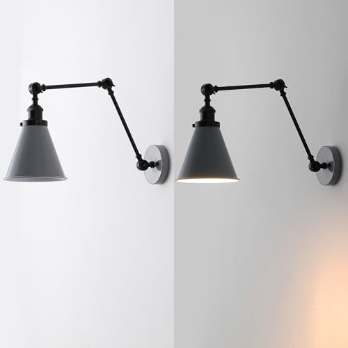 JONATHAN Y Rover 1-Light Wall Sconce 7", Gray/Black, Set of 2 | Adjustable Arm, Hardwired Bedside Reading Swing Arm, Farmhouse Cone Shade, Metal Hardwired Indoor Fixture, LED Bulbs Included - color: Gray/Black, size: Set of 2