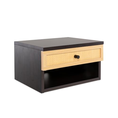 JONATHAN Y Celerie 15.7" Rattan Floating Nightstand, Dark Brown/Light Oak | Soft-Close Storage Drawer, Wall Mounted Side Table, Built-In Cable Hole, Open Shelf Cubby, Mid-Century Modern Bohemian - color: Black/Light Oak, size: Set of 1, style: Celerie