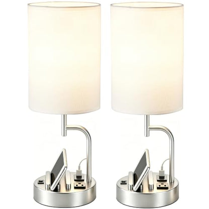 Dreamholder 2 Pack Table Lamp, Bedside Lamp with 3 USB Charging Ports & AC Outlet, USB Desk Lamp with 2 Phone Holders, Linen Fabric Shade Nightstand Lamps for Bedroom Living Room Office, Silver - color: Silver