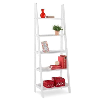 Riverbay Furniture 5-Shelf Wood Ladder Bookshelf, Open Back Design, White Finish, 72" H x 25.25" W x 16.5" D, Rubberwood and Particleboard, Transitional Style for Home Office or Living Room Storage - color: White
