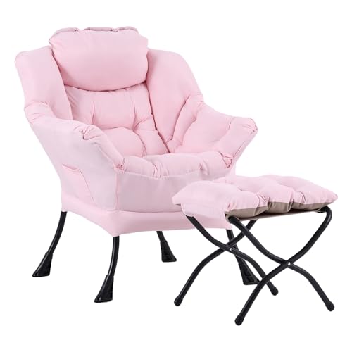 Lazy Chair with Ottoman, Comfy Accent Reading Chair, Pink | Foldable Footrest,Removable Cover,with Armrests and Side Pockets,Upholstered Lounge Chair for Bedroom,Dorm,Office,Small Space - color: Pink