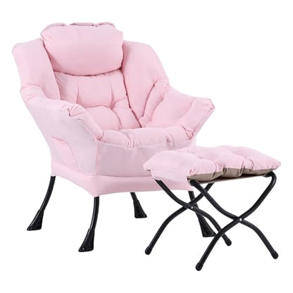 Lazy Chair with Ottoman, Comfy Accent Reading Chair, Pink | Foldable Footrest,Removable Cover,with Armrests and Side Pockets,Upholstered Lounge Chair for Bedroom,Dorm,Office,Small Space - color: Pink