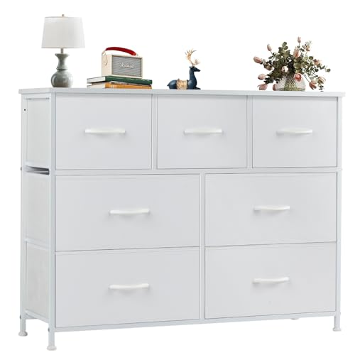 OLIXIS 7 Drawer Dresser for Bedroom, Wide Fabric Storage Tower | with Wooden Top and Metal Frame, Closet Chest Organizer Furniture, TV Stand for Living Room Hallway, White - color: White, size: 11.8"D x 39.4"W x 30"H (7 Drawers)