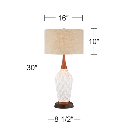 Rocco 30" Large Table Lamp White Ceramic USB Workstation Base Oak Wood | Mid Century Modern Charging Ports and AC Power Outlet Living Room Bedroom House Bedside Nightstand Office Home Tan Drum Shade - color: White Ceramic with USB Workstation Base