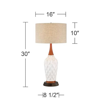 Rocco 30" Large Table Lamp White Ceramic USB Workstation Base Oak Wood | Mid Century Modern Charging Ports and AC Power Outlet Living Room Bedroom House Bedside Nightstand Office Home Tan Drum Shade - color: White Ceramic with USB Workstation Base
