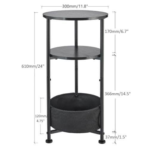 3-Tier Small Round Side Table with Storage Basket, Black | 11.8" Diameter Nursery Side Table Narrow End Table for Small Spaces, Modern Corner Table Small Nightstand Living Room Bedroom - color: Black