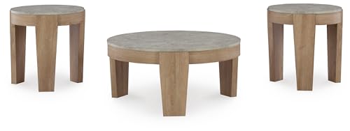 Signature Design by Ashley Coffee Table Set of 3, Round, with End Tables | 3-piece coffee and end table sets with faux cement tops and wood grain finish frames, Casual style, Guystone Series